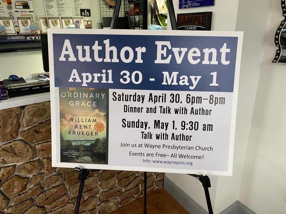 Wayne Presbyterian Church Author Event Sign on Stand