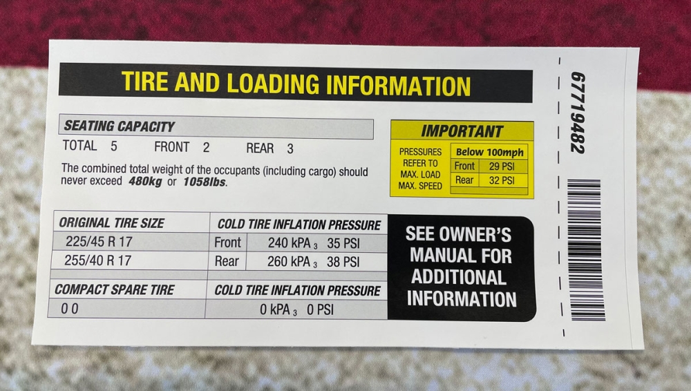 Tire and Loading Information Decal