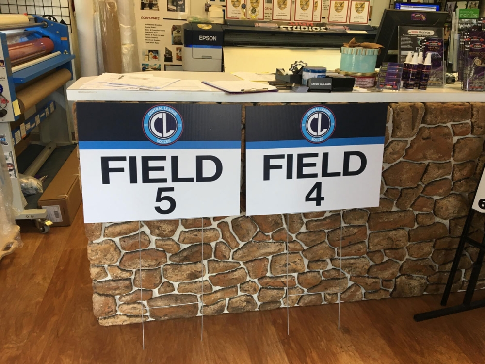 Central League Soccer Field Signs on H-Stakes