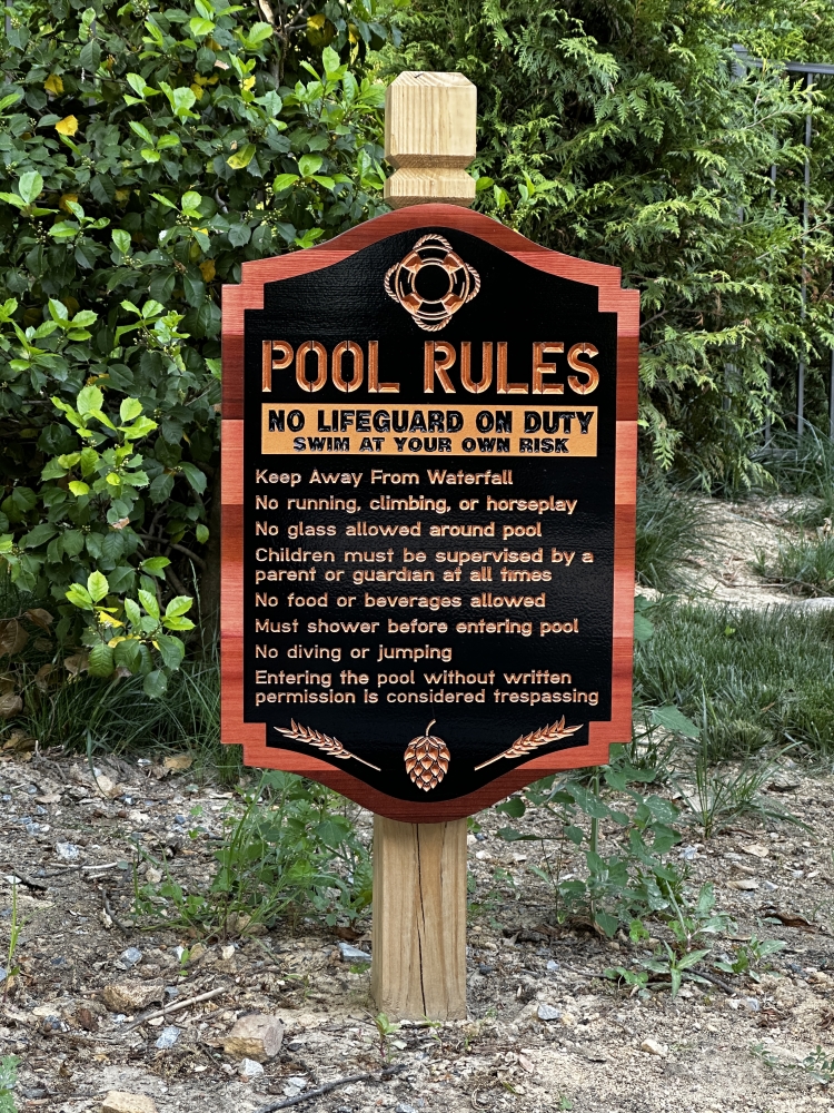 Pool Rules Carved Cedar Sign on Post
