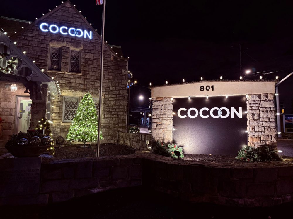 Cocoon Patina Channel Letters Front and Monument Night