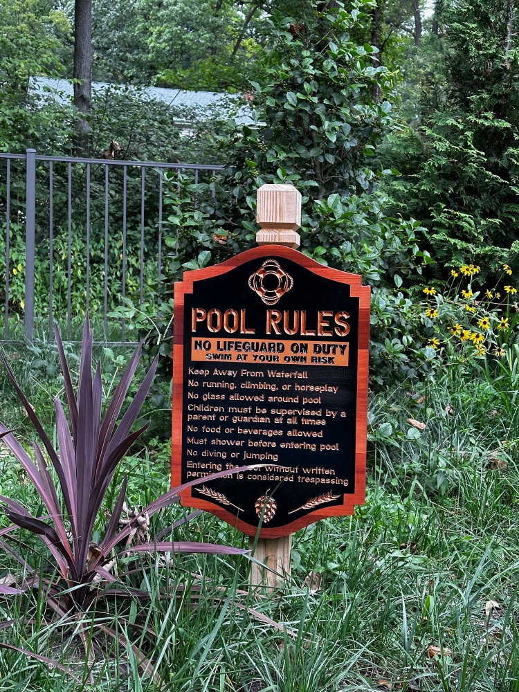 Pool Rules Carved Cedar Sign on Post