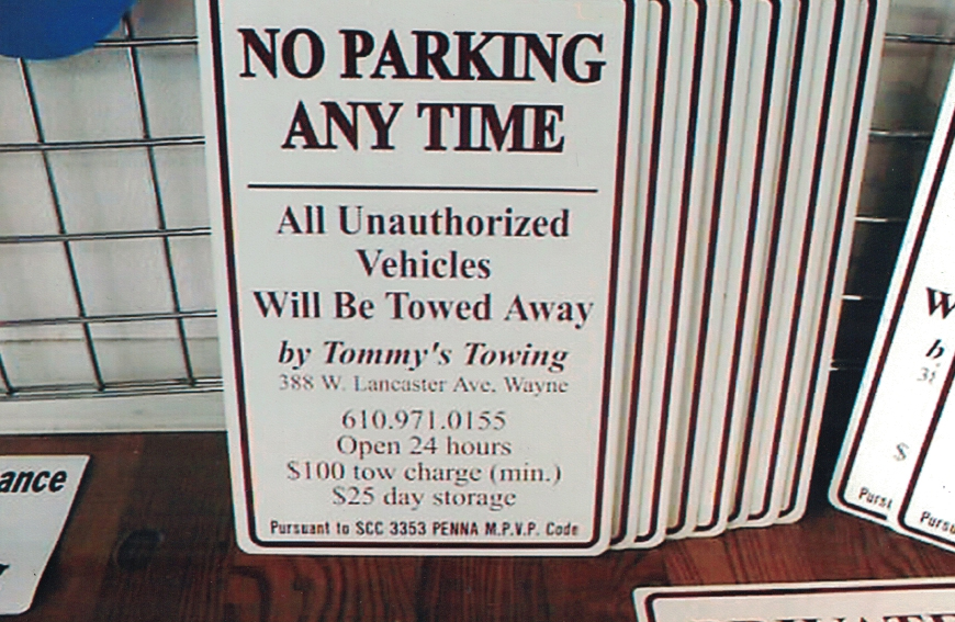 Tommy's Towing No Parking Aluminum Signs