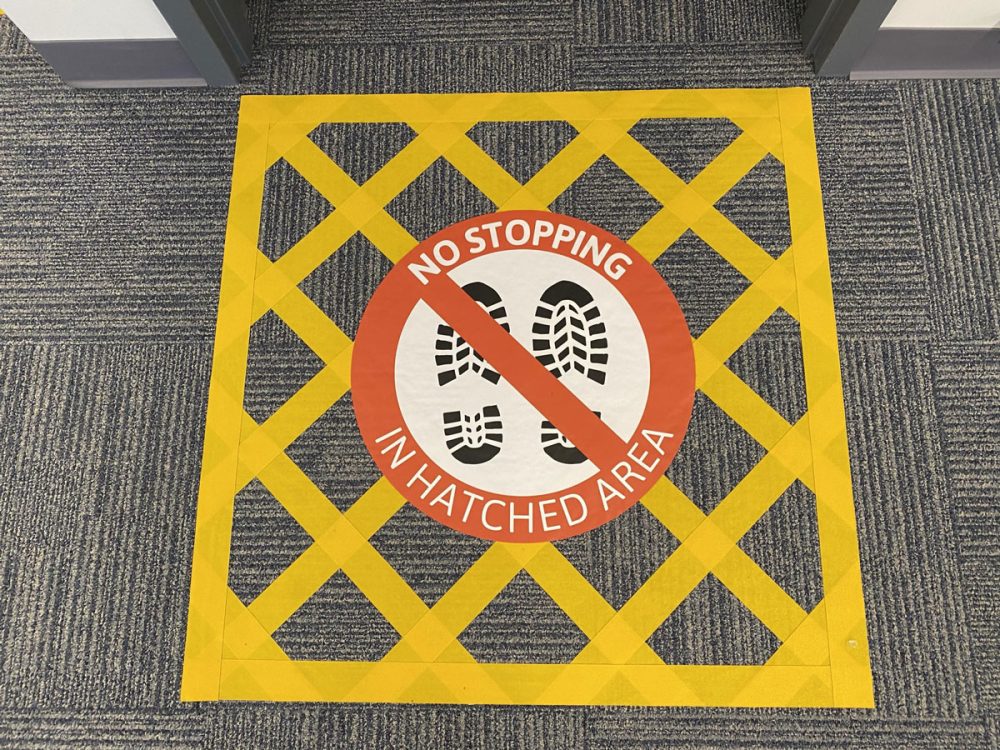Stop Here Floor Sticker in Hatched Area