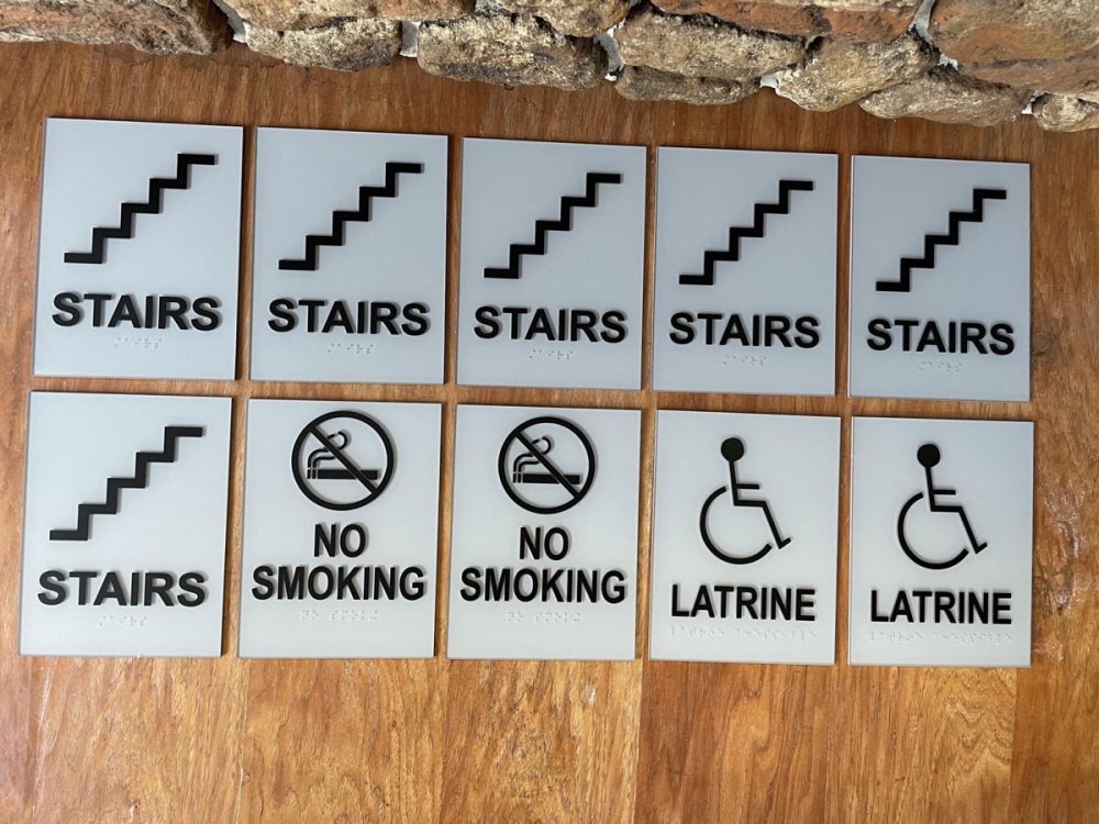 VFMA Stairs, Handicap Latrine, and No Smoking Signs with Braille