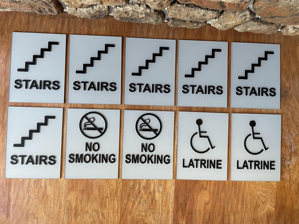 VFMA Stairs, Handicap Latrine, and No Smoking Signs with Braille