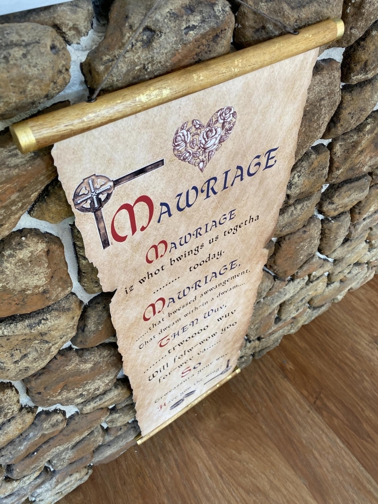 Mawriage digital printed scroll with gold leaf on rods